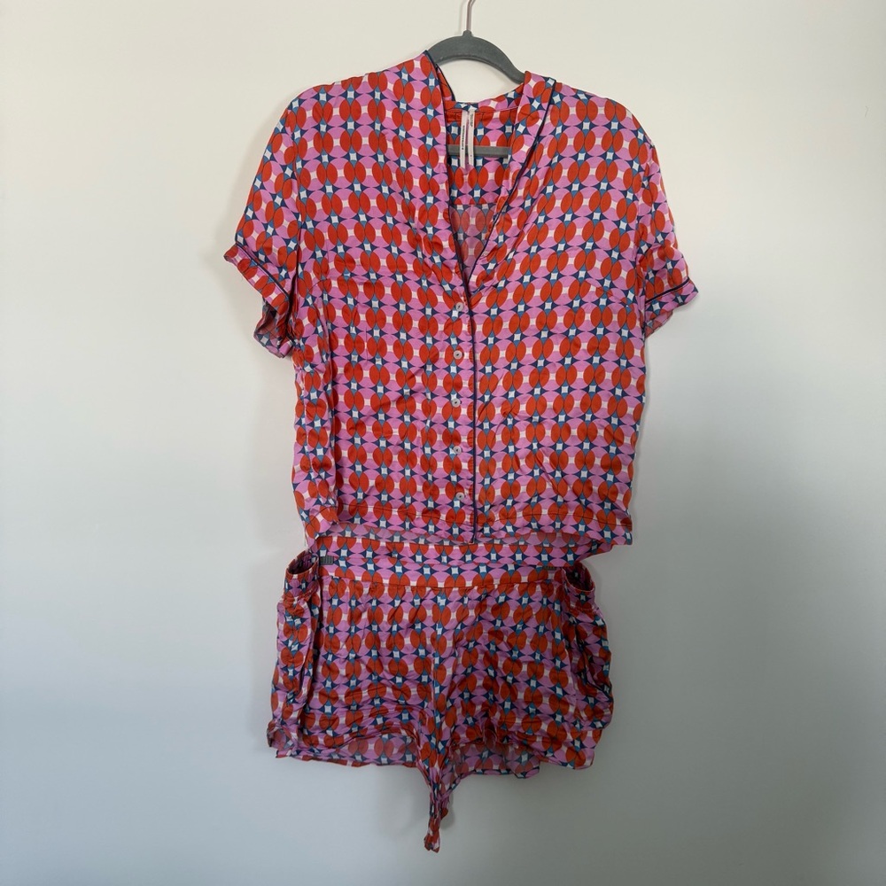 Anthropologie Pink, Red, and Blue Geo Pajama Set